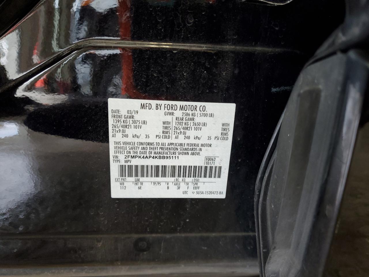 2019 Ford Edge St VIN: 2FMPK4AP4KBB95111 Lot: 66553614