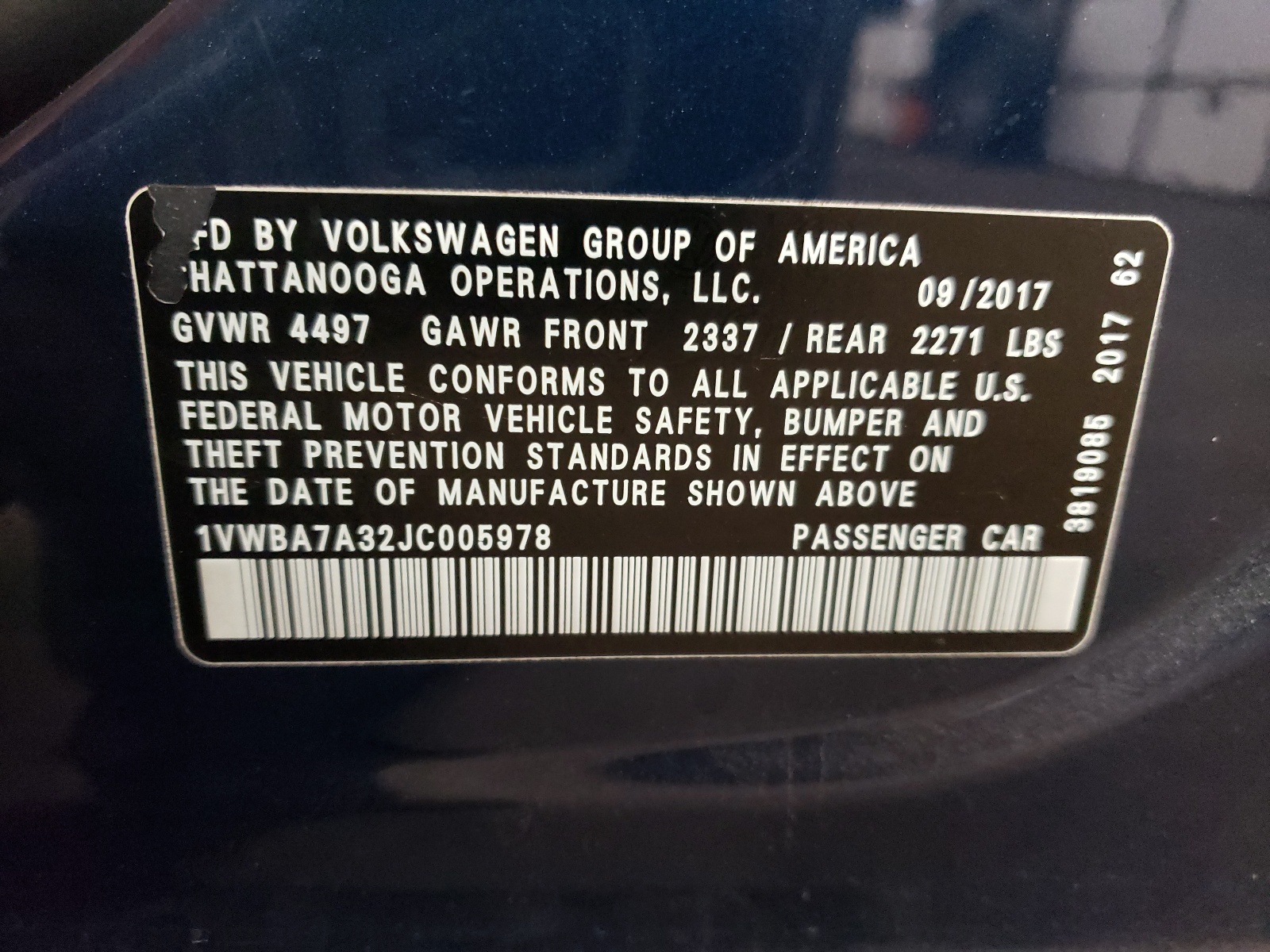 1VWBA7A32JC005978 2018 Volkswagen Passat Se