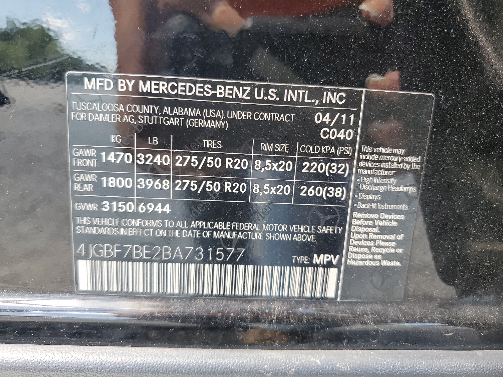 4JGBF7BE2BA731577 2011 Mercedes-Benz Gl 450 4Matic