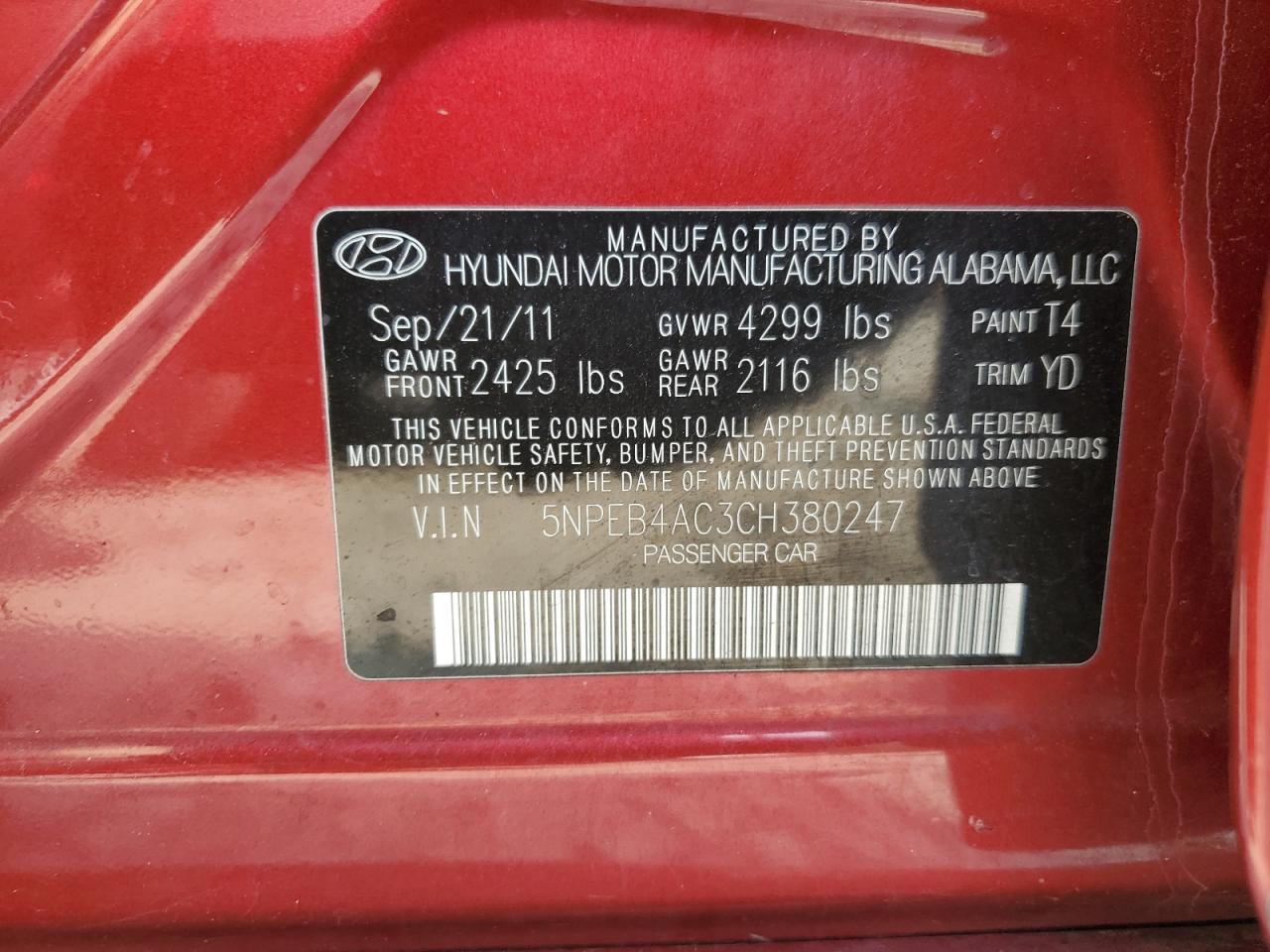 5NPEB4AC3CH380247 2012 Hyundai Sonata Gls