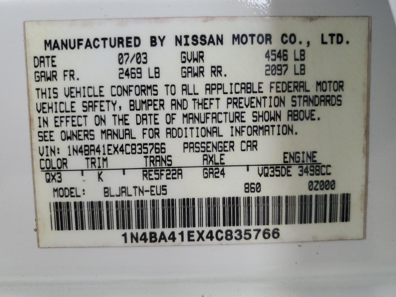 1N4BA41EX4C835766 2004 Nissan Maxima Se