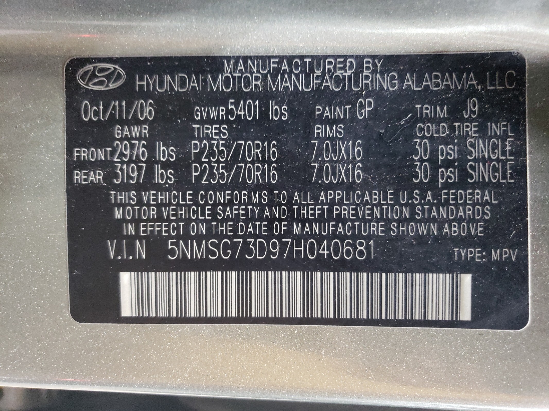 5NMSG73D97H040681 2007 Hyundai Santa Fe Gls