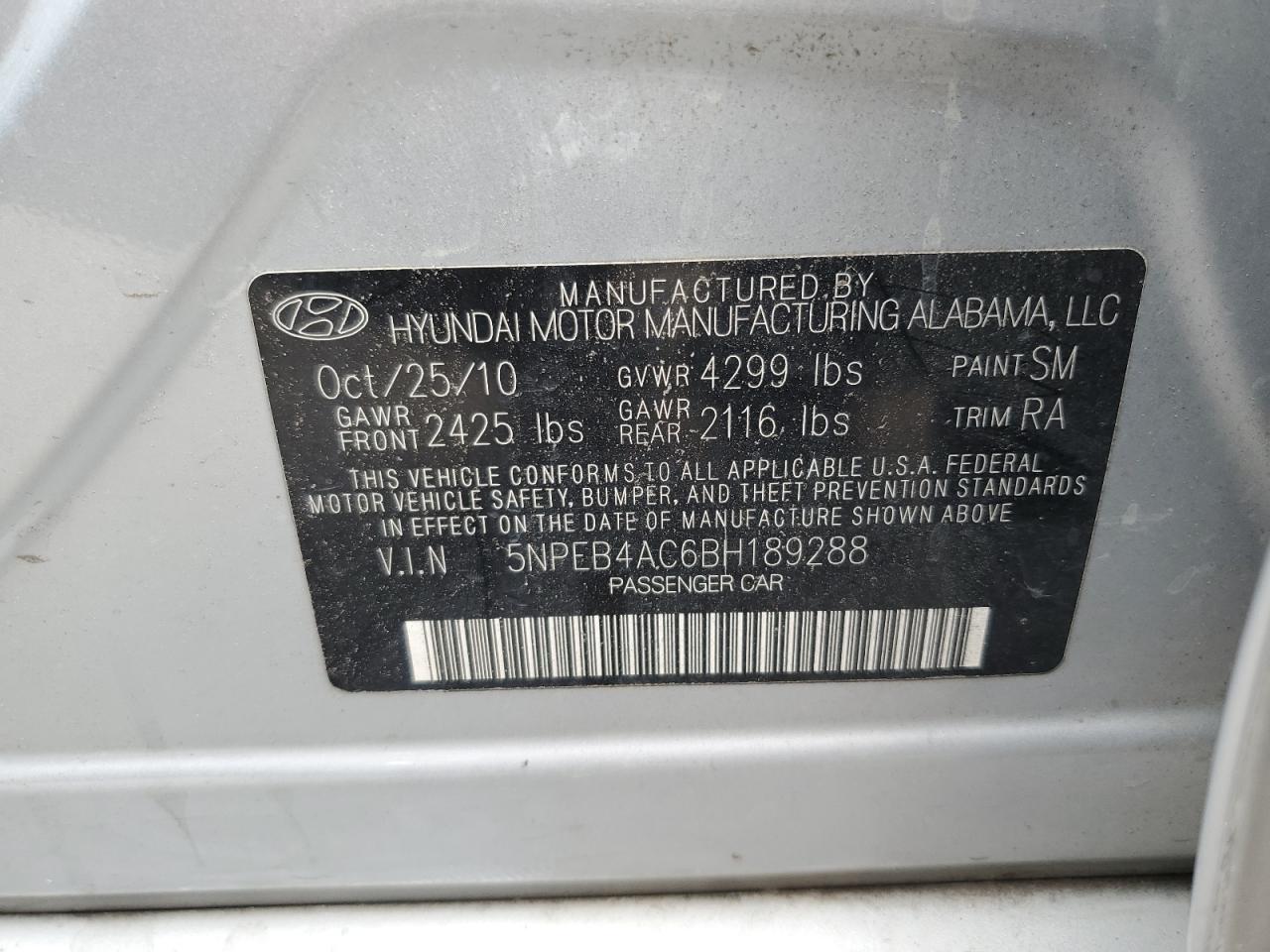 5NPEB4AC6BH189288 2011 Hyundai Sonata Gls