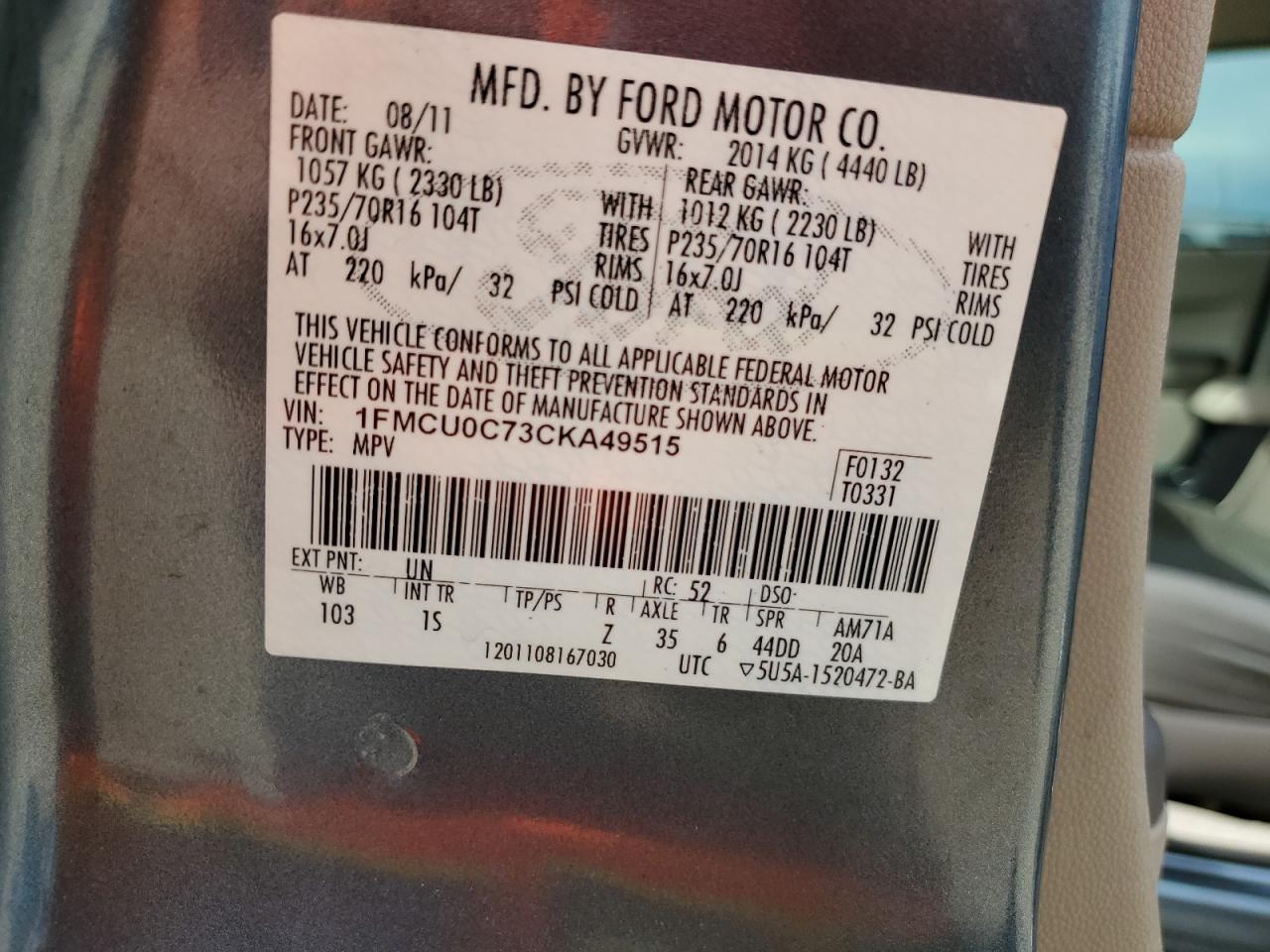 1FMCU0C73CKA49515 2012 Ford Escape Xls