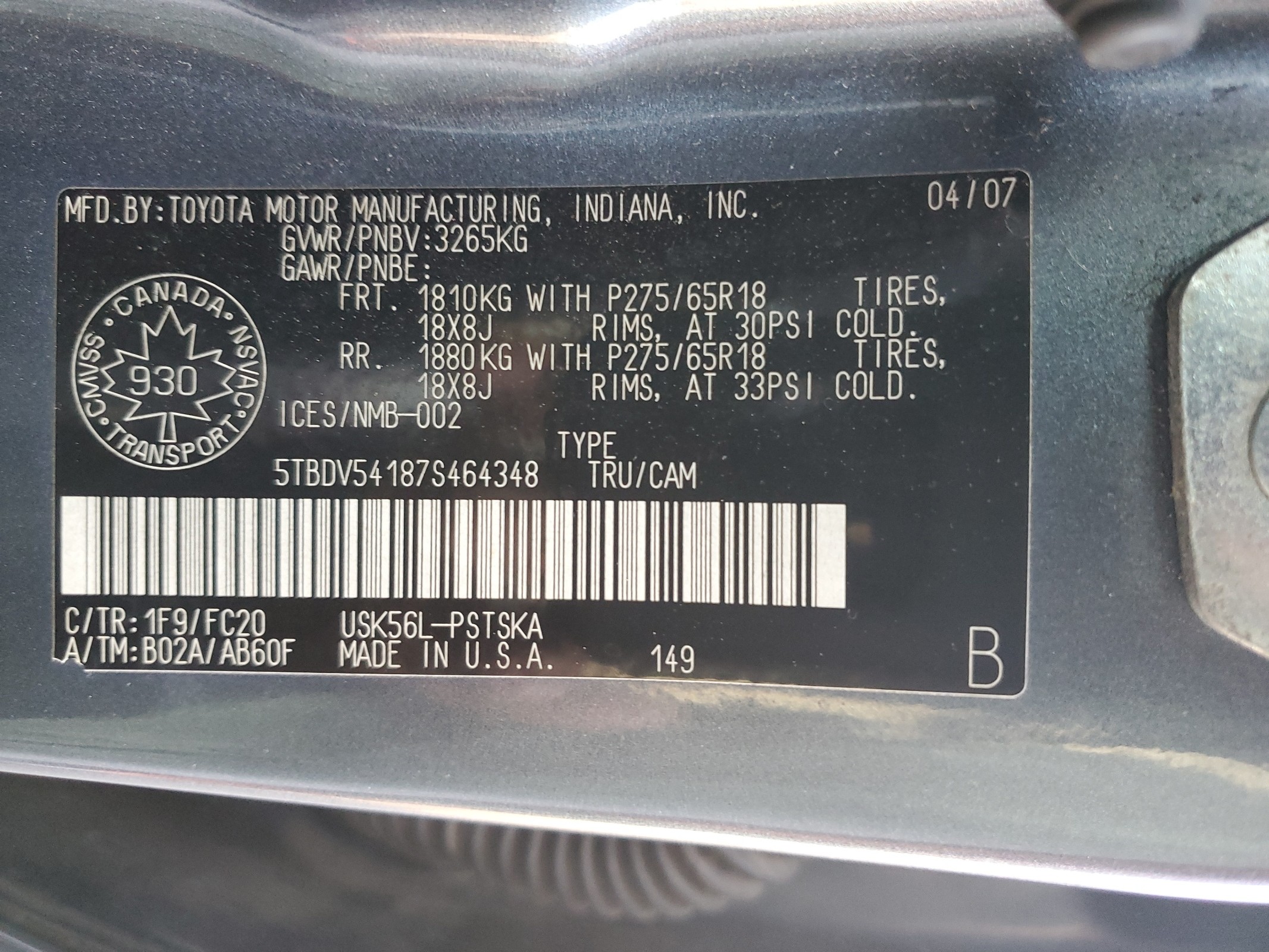 5TBDV54187S464348 2007 Toyota Tundra Crewmax Sr5