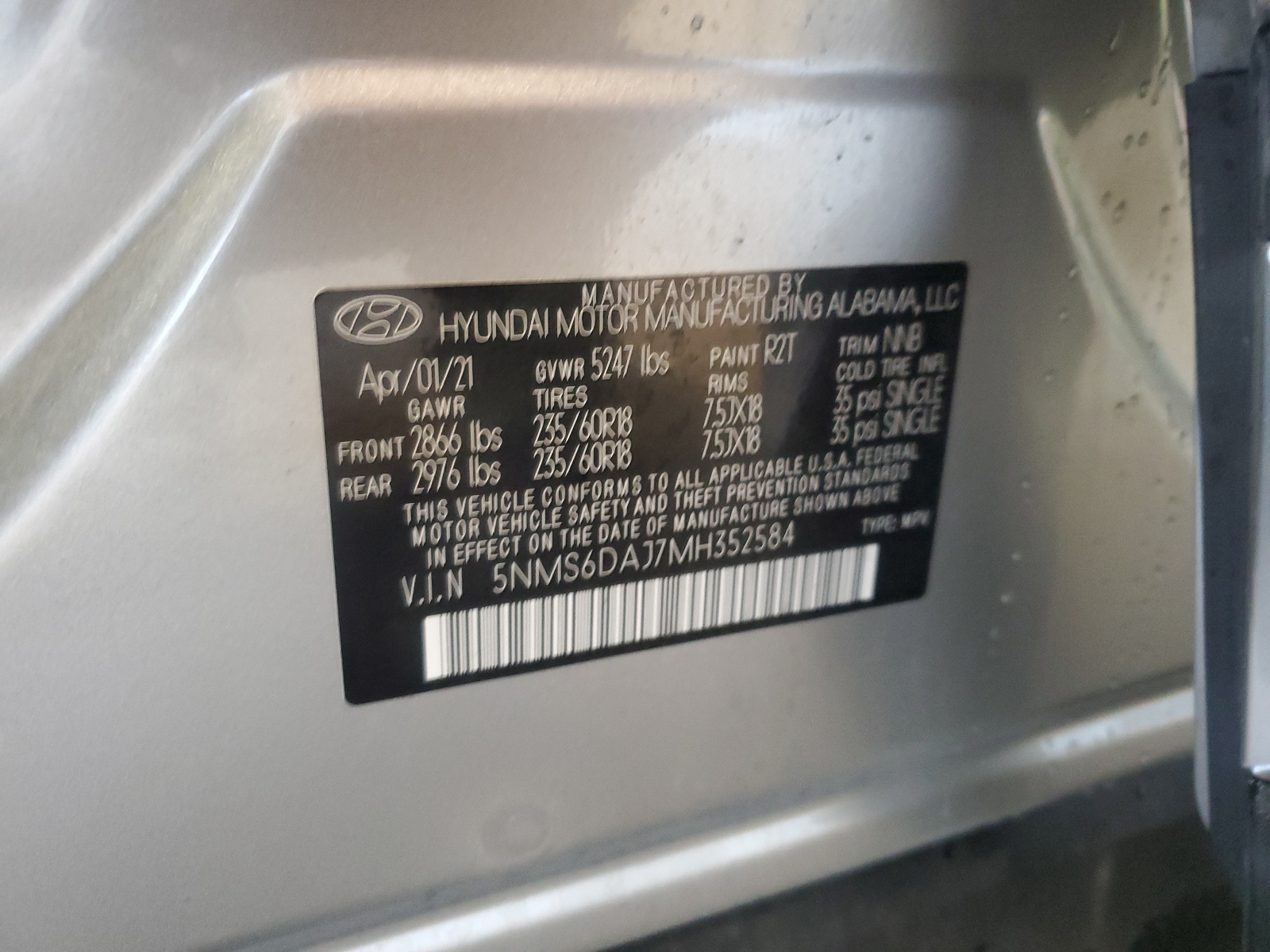 5NMS6DAJ7MH352584 2021 Hyundai Santa Fe Sel