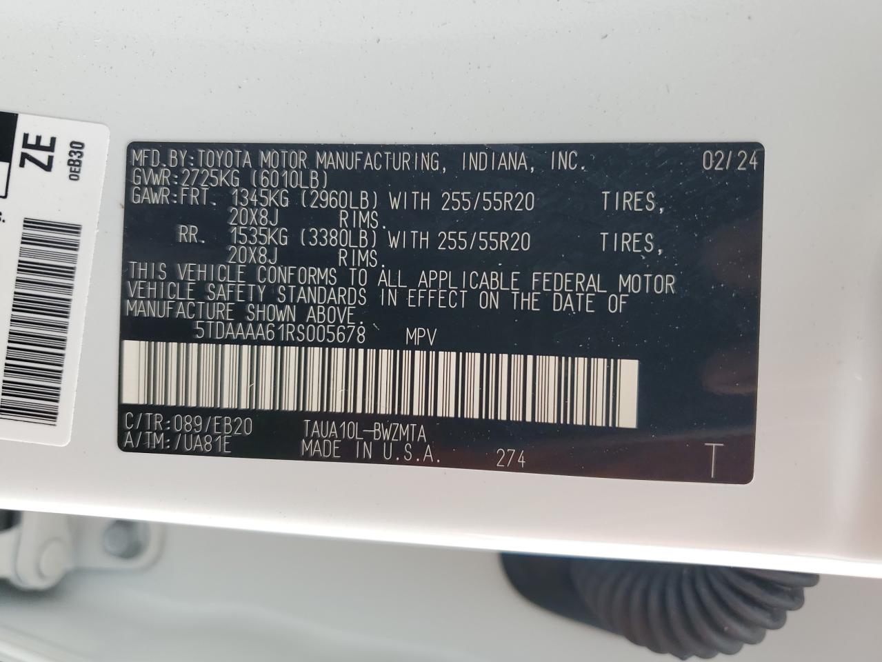 2024 Lexus Tx 350 Base VIN: 5TDAAAA61RS005678 Lot: 69761804