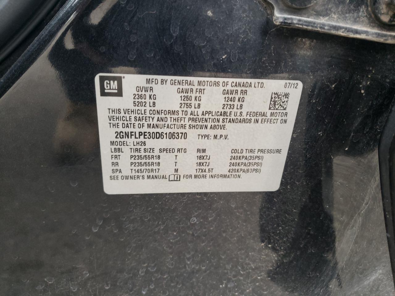 2GNFLPE30D6106370 2013 Chevrolet Equinox Lt