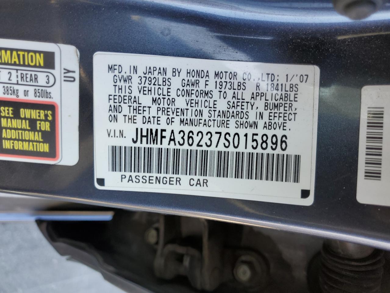 JHMFA36237S015896 2007 Honda Civic Hybrid