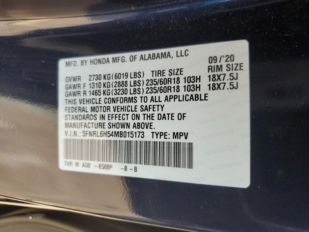 5FNRL6H54MB015173 2021 Honda Odyssey Ex