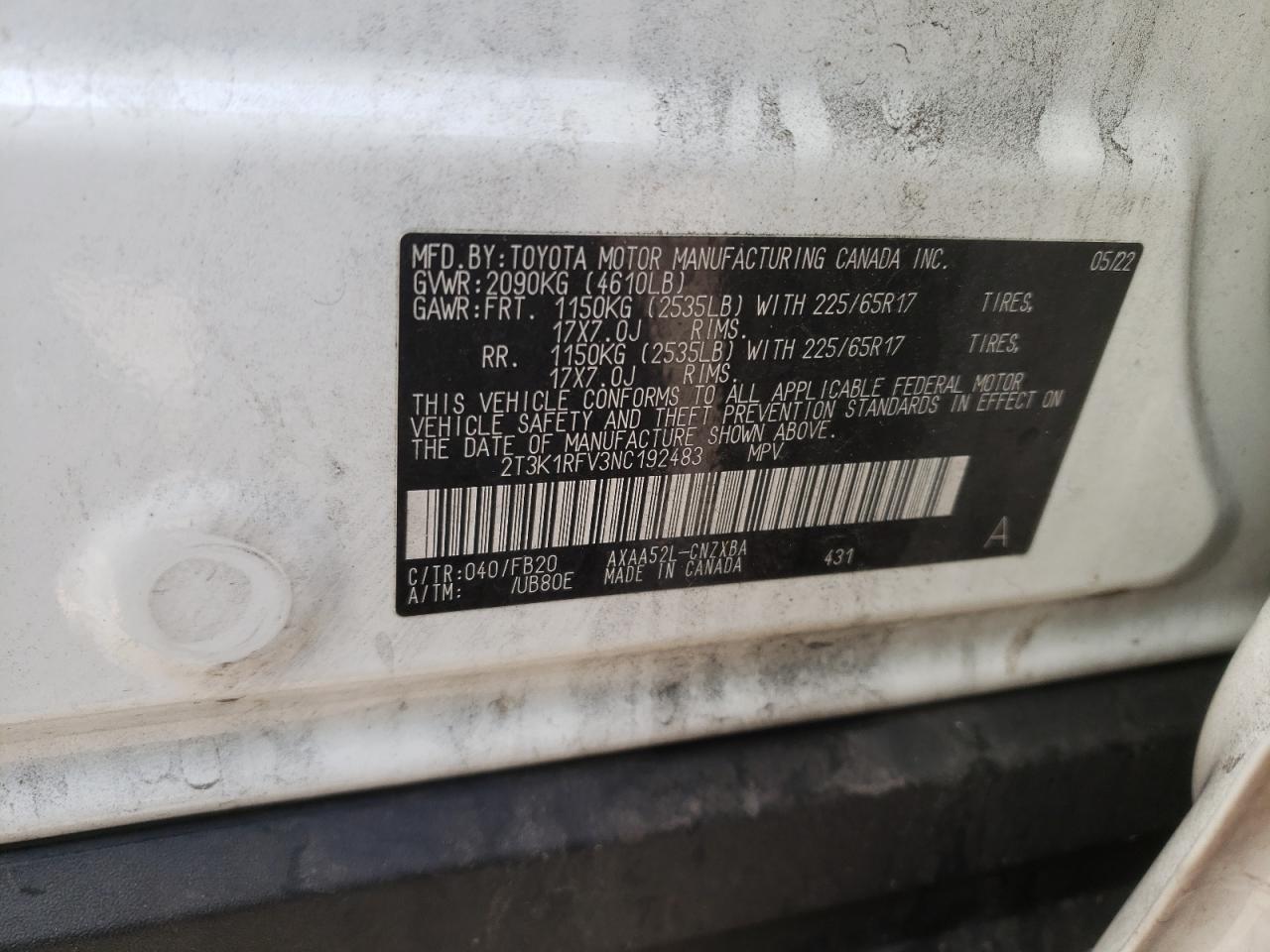 2022 Toyota Rav4 Le VIN: 2T3K1RFV3NC192483 Lot: 68382494