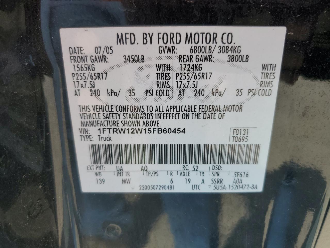 1FTRW12W15FB60454 2005 Ford F150 Supercrew