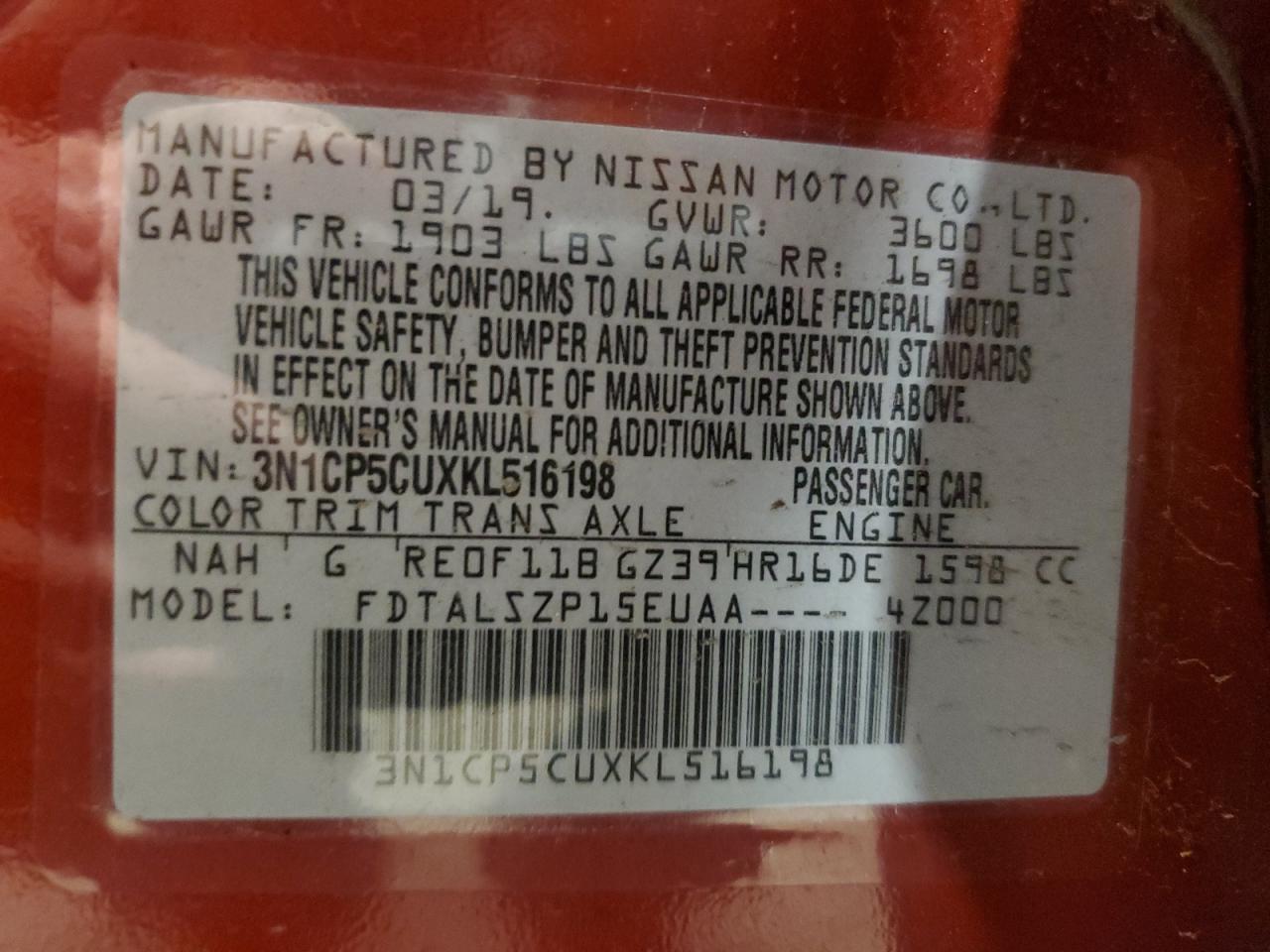 2019 Nissan Kicks S VIN: 3N1CP5CUXKL516198 Lot: 67244254