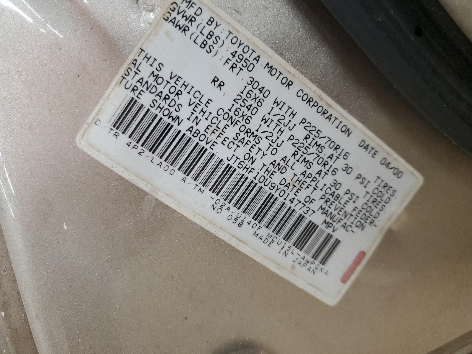 JT6HF10U9Y0147737 2000 Lexus Rx 300