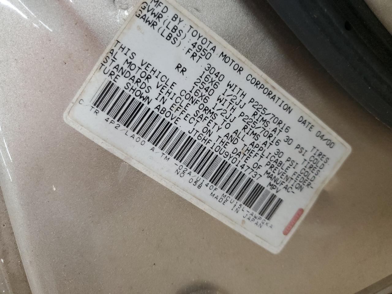 2000 Lexus Rx 300 VIN: JT6HF10U9Y0147737 Lot: 66491844