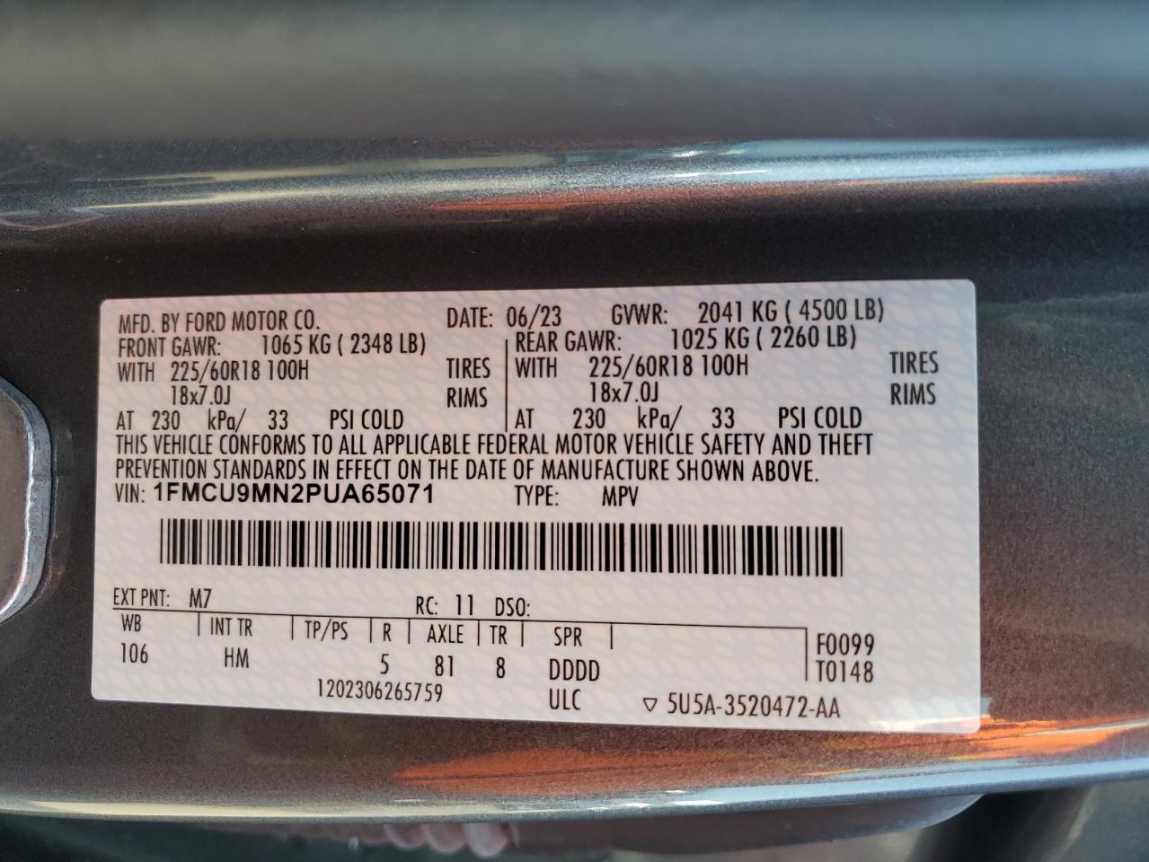 2023 Ford Escape St Line VIN: 1FMCU9MN2PUA65071 Lot: 65307824