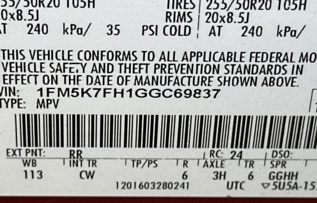 2016 Ford Explorer Limited VIN: 1FM5K7FH1GGC69837 Lot: 67610364