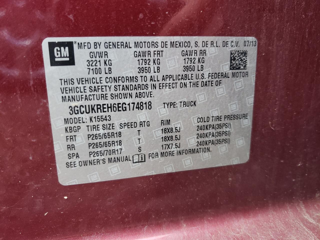 3GCUKREH6EG174818 2014 Chevrolet Silverado K1500 Lt