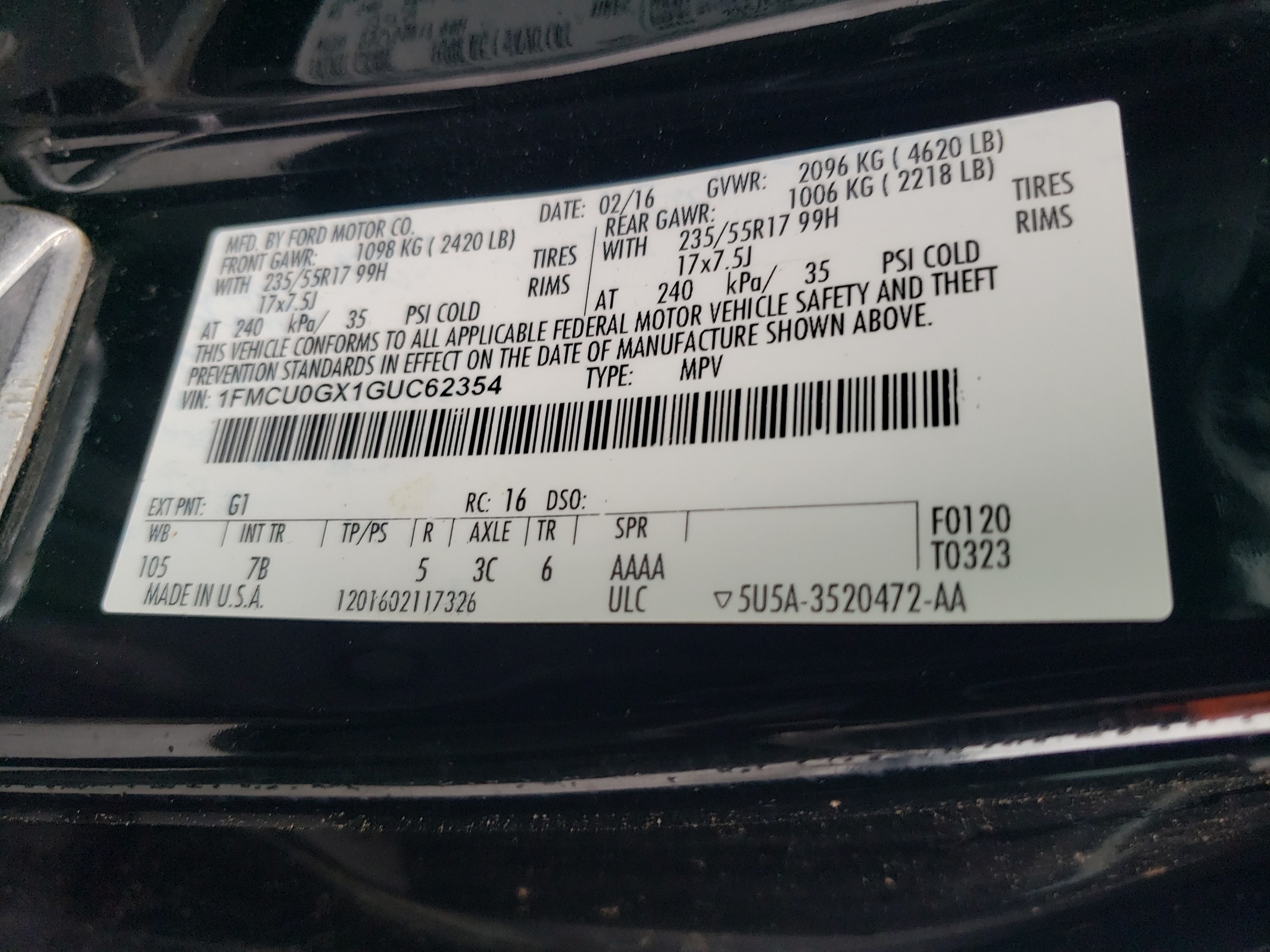 1FMCU0GX1GUC62354 2016 Ford Escape Se