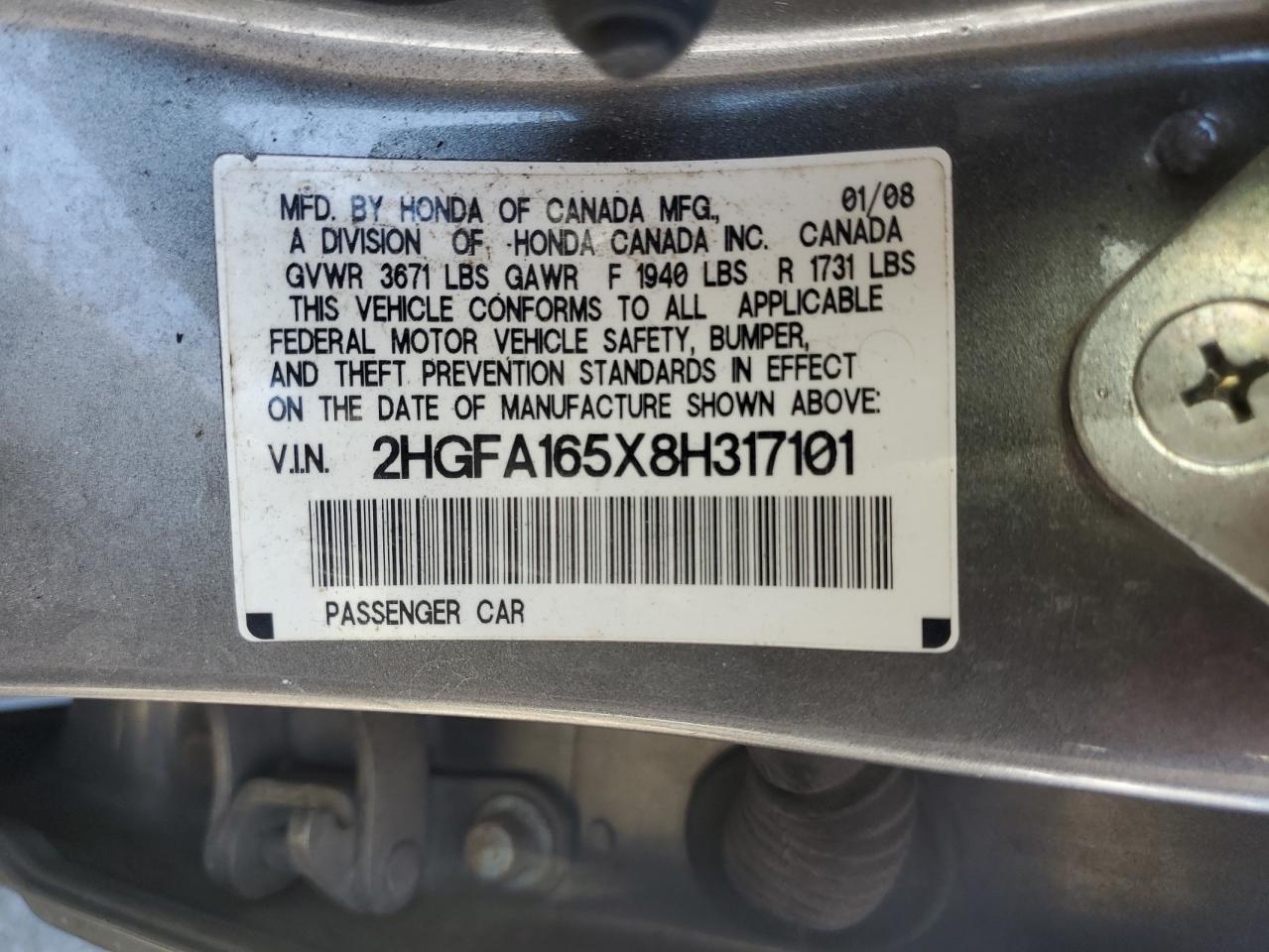 2008 Honda Civic Lx VIN: 2HGFA165X8H317101 Lot: 66977834