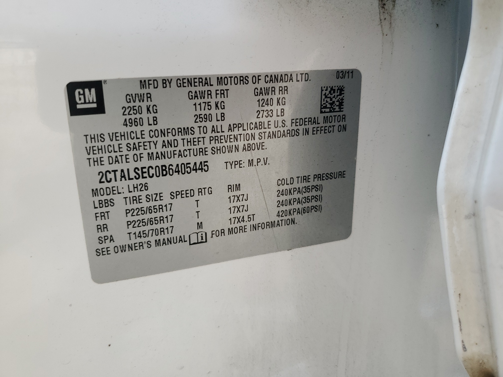 2CTALSEC0B6405445 2011 GMC Terrain Sle