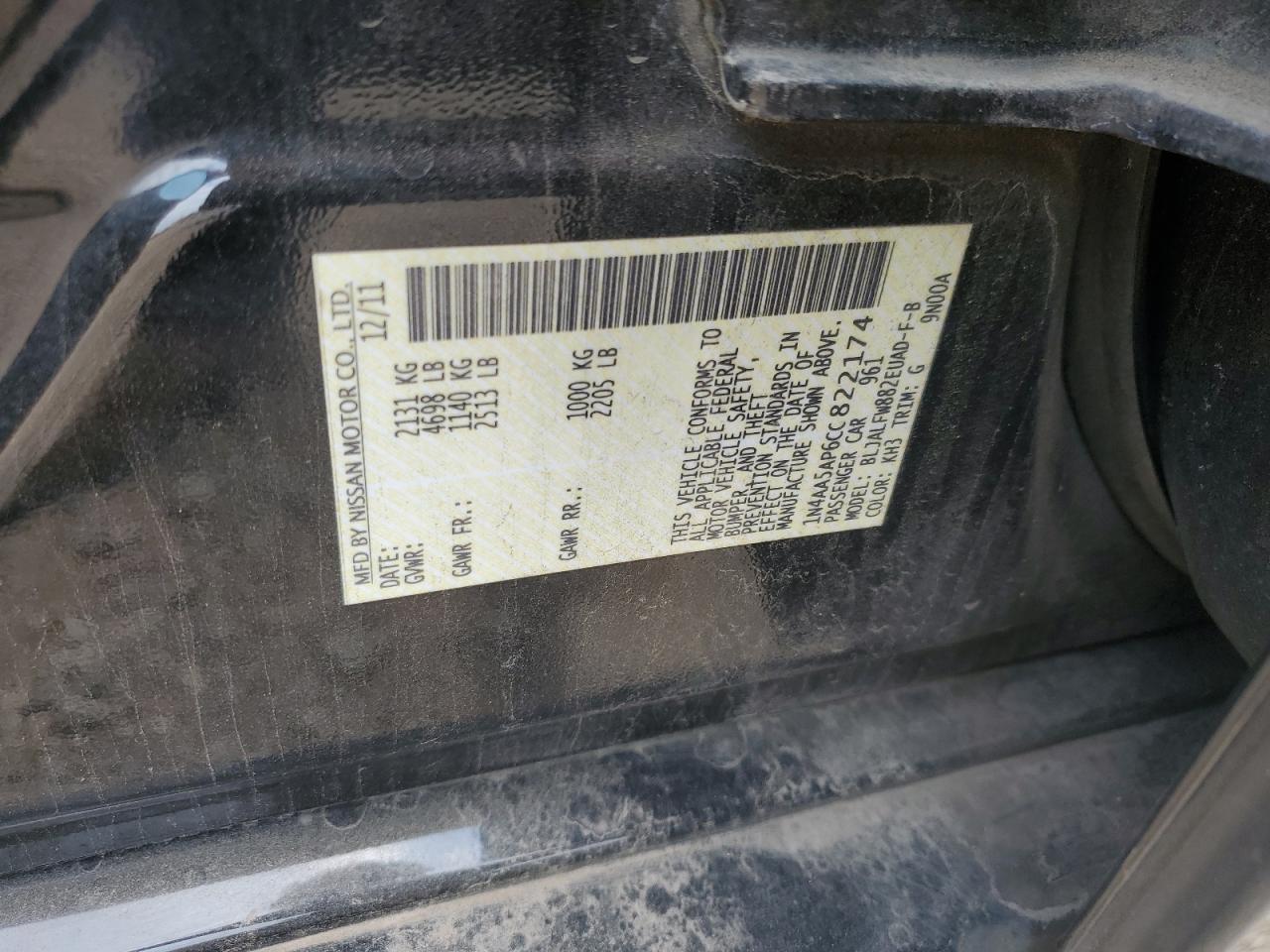 2012 Nissan Maxima S VIN: 1N4AA5AP6CC822174 Lot: 66532214