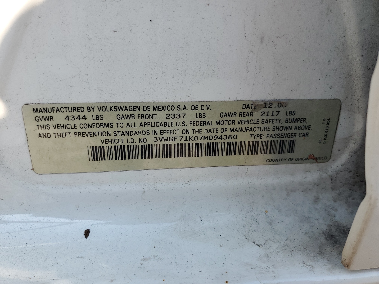 3VWGF71K07M094360 2007 Volkswagen Jetta