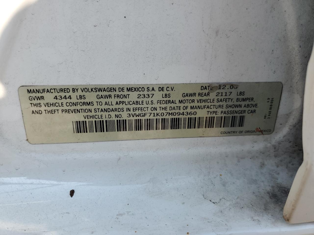 2007 Volkswagen Jetta VIN: 3VWGF71K07M094360 Lot: 65381594