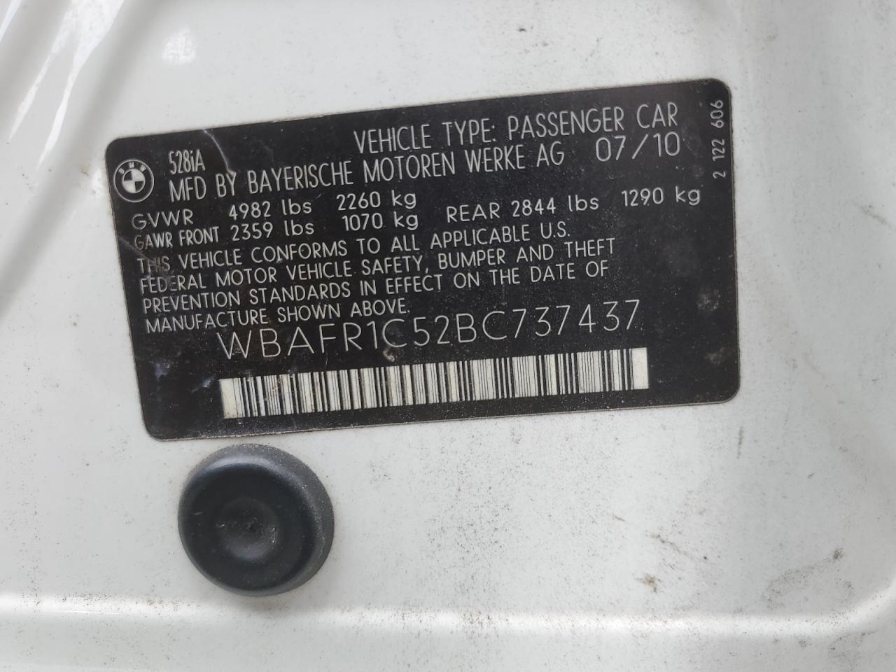 2011 BMW 528 I VIN: WBAFR1C52BC737437 Lot: 68454144