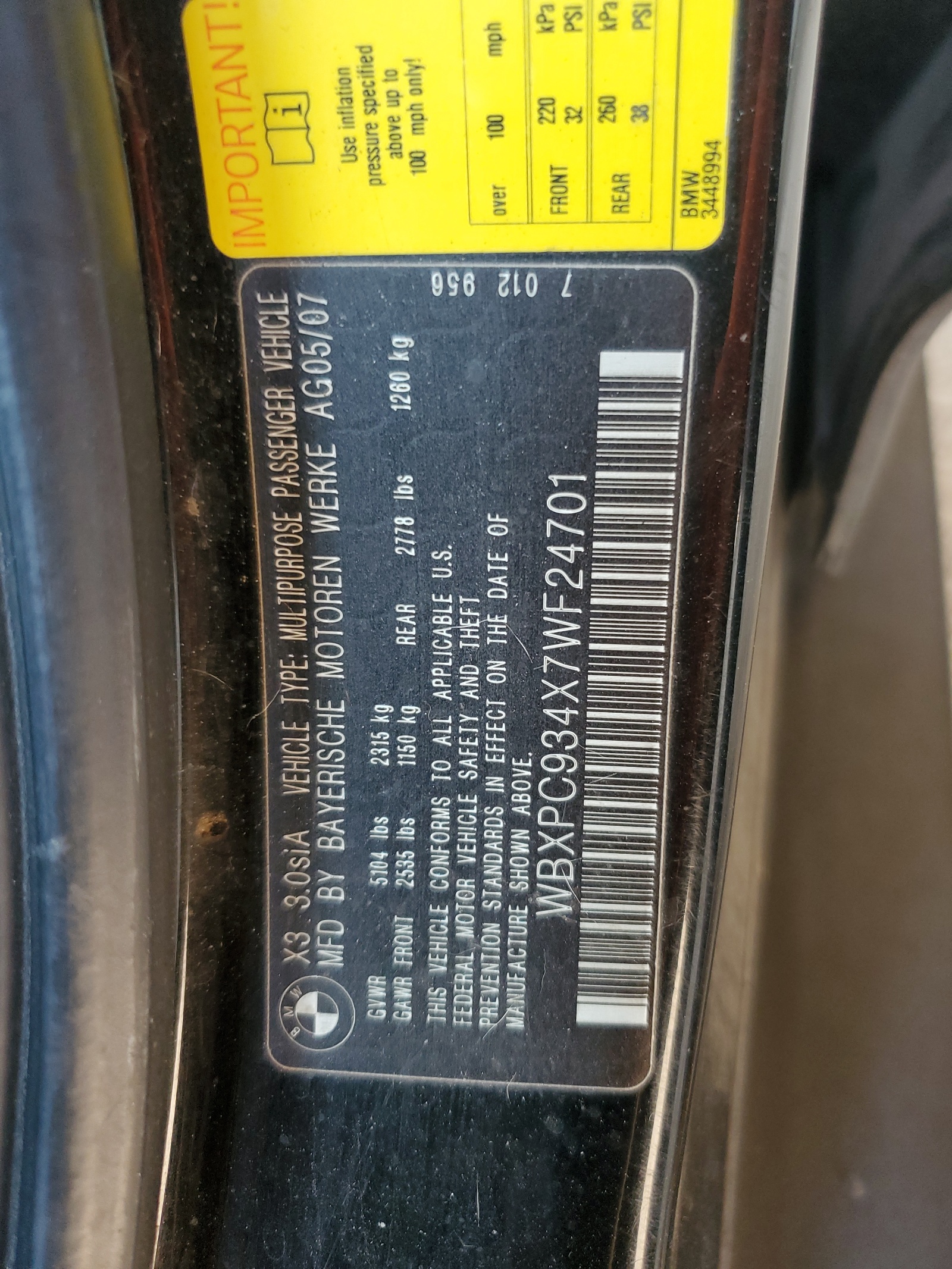 WBXPC934X7WF24701 2007 BMW X3 3.0Si