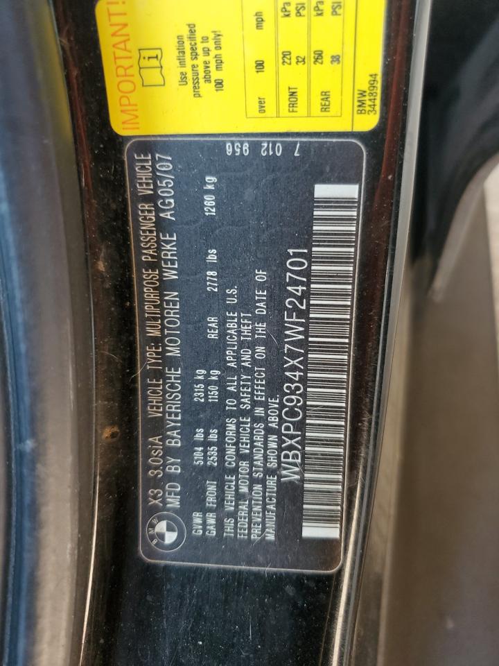 2007 BMW X3 3.0Si VIN: WBXPC934X7WF24701 Lot: 66124224