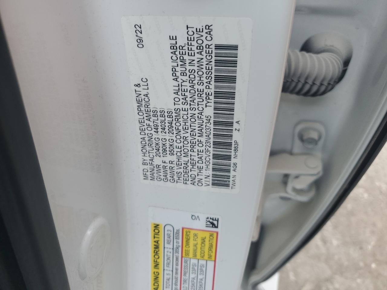 1HGCV3F23NA037345 2022 Honda Accord Hybrid Sport