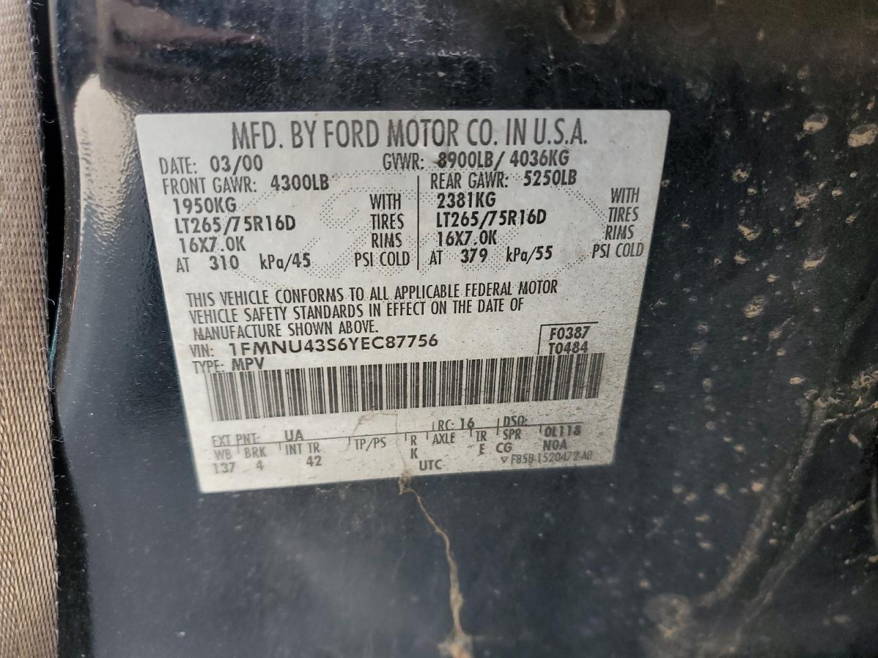 2000 Ford Excursion Limited VIN: 1FMNU43S6YEC87756 Lot: 67281054