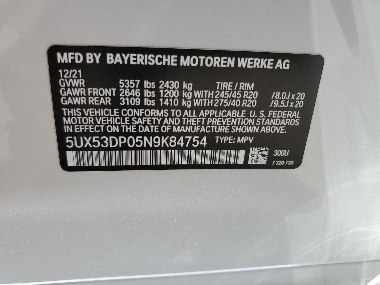 2022 BMW X3 xDrive30I VIN: 5UX53DP05N9K84754 Lot: 66105584