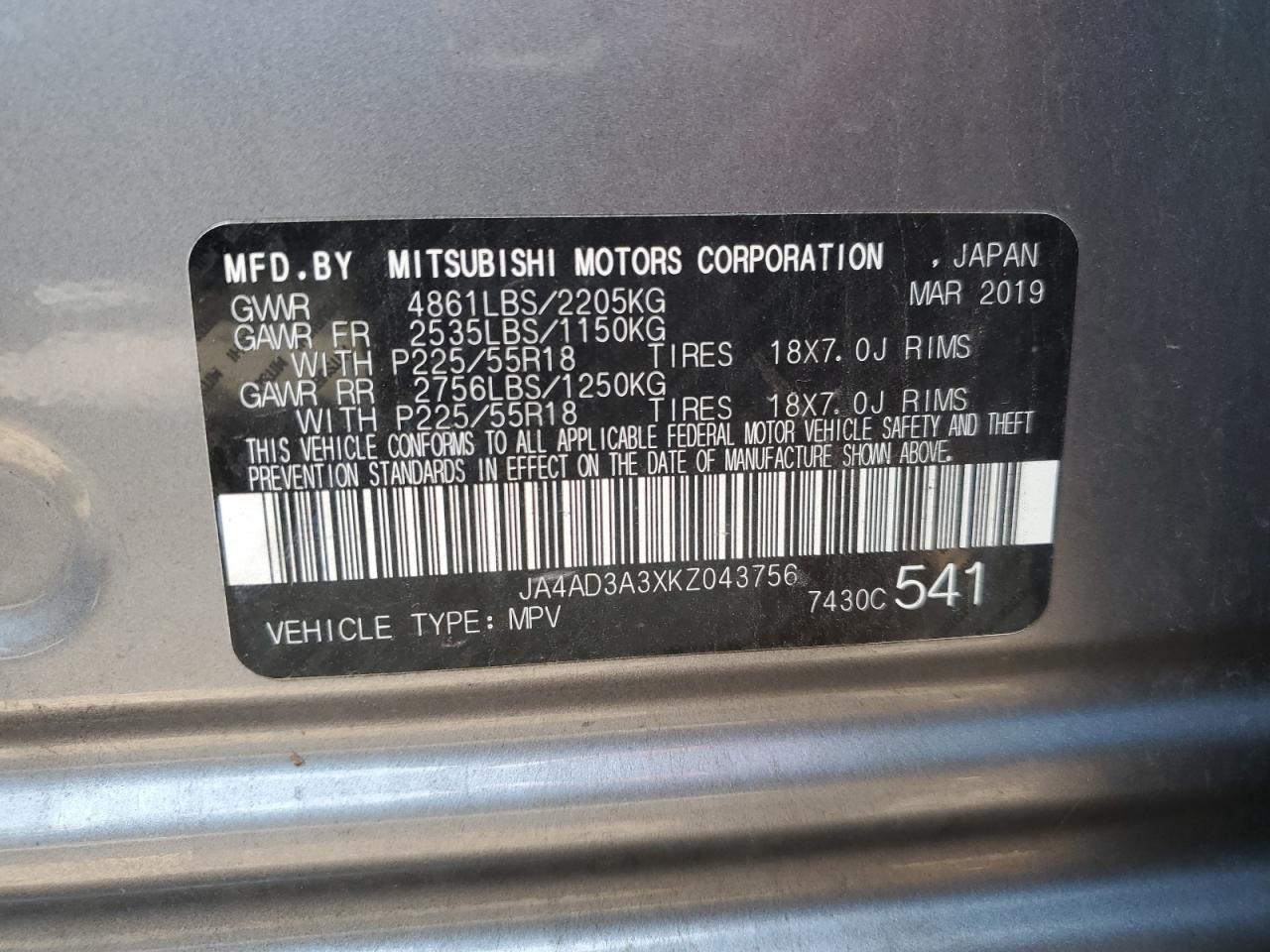 2019 Mitsubishi Outlander Se VIN: JA4AD3A3XKZ043756 Lot: 66161514