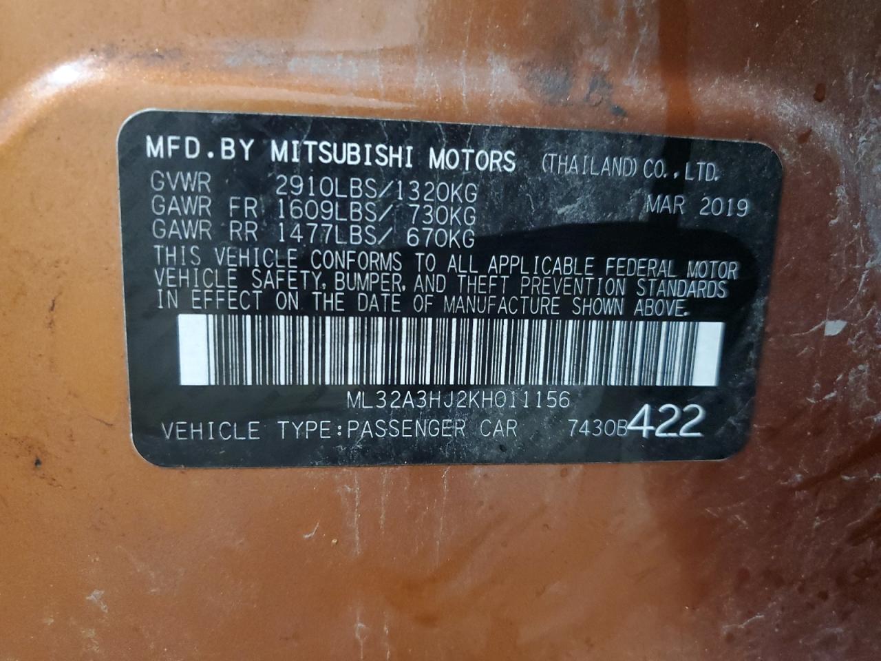 2019 Mitsubishi Mirage Es VIN: ML32A3HJ2KH011156 Lot: 66140914