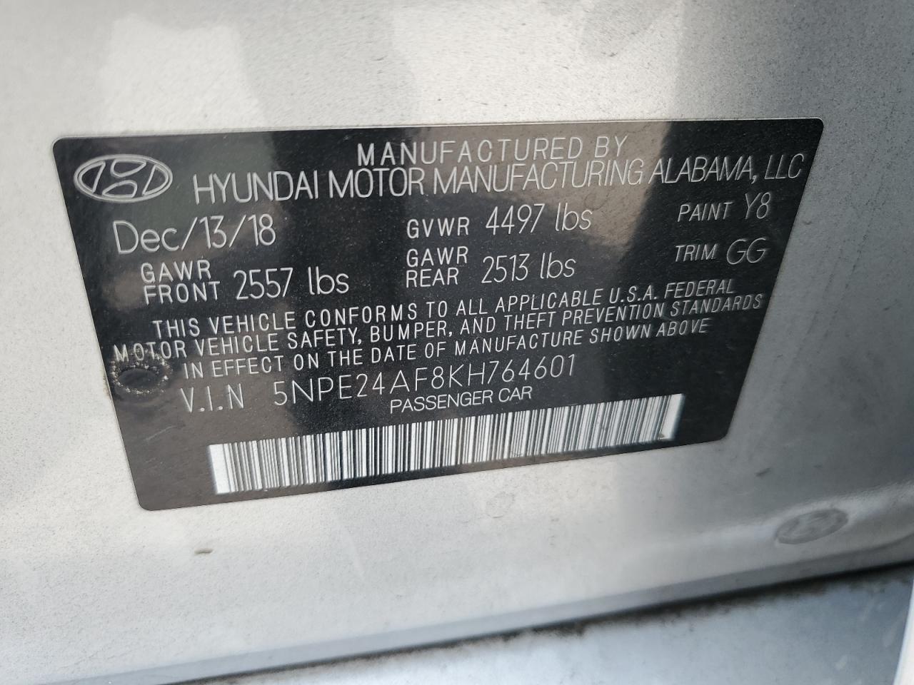 5NPE24AF8KH764601 2019 Hyundai Sonata Se