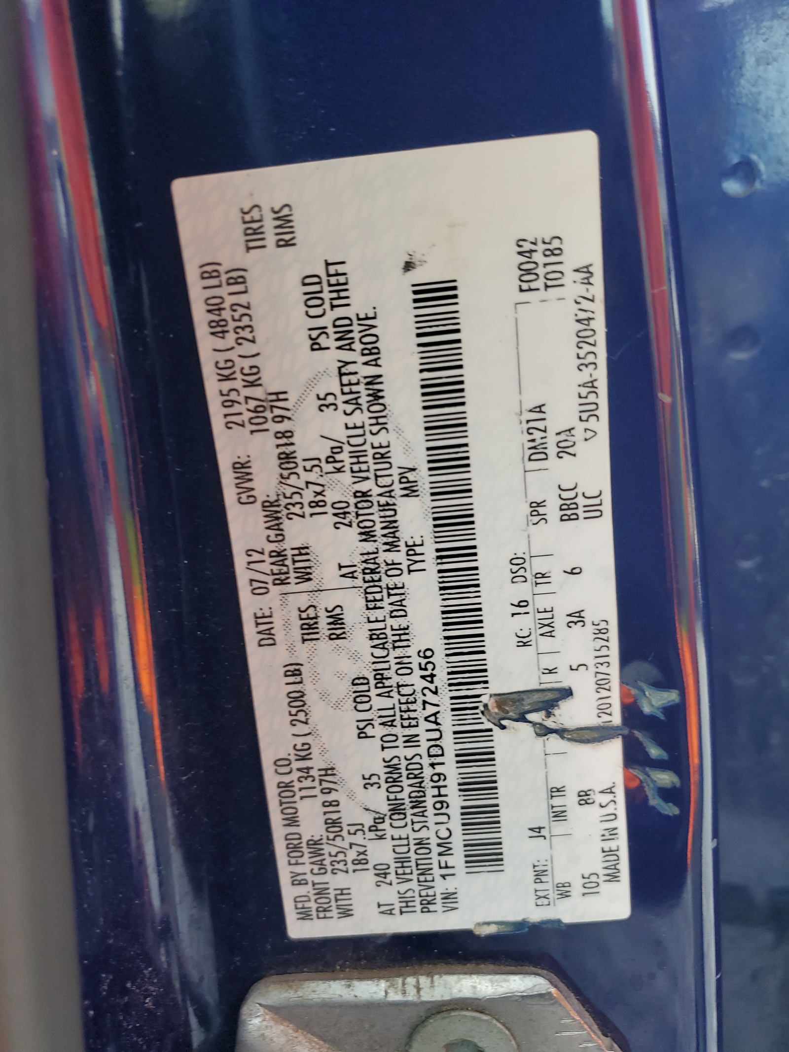 1FMCU9H91DUA72456 2013 Ford Escape Sel