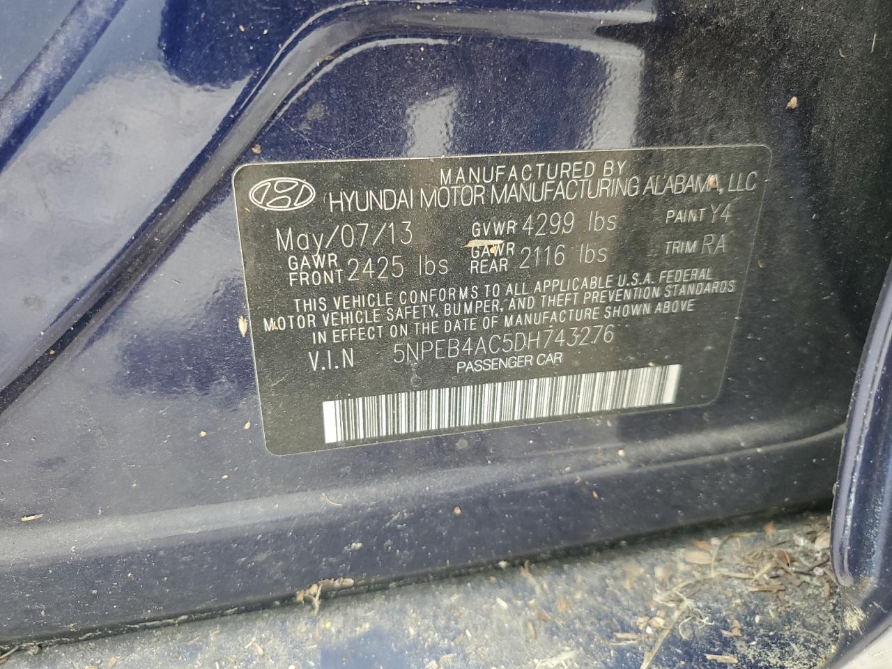 2013 Hyundai Sonata Gls VIN: 5NPEB4AC5DH743276 Lot: 66088784