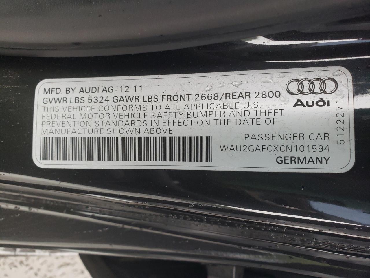 2012 Audi A7 Prestige VIN: WAU2GAFCXCN101594 Lot: 65800314