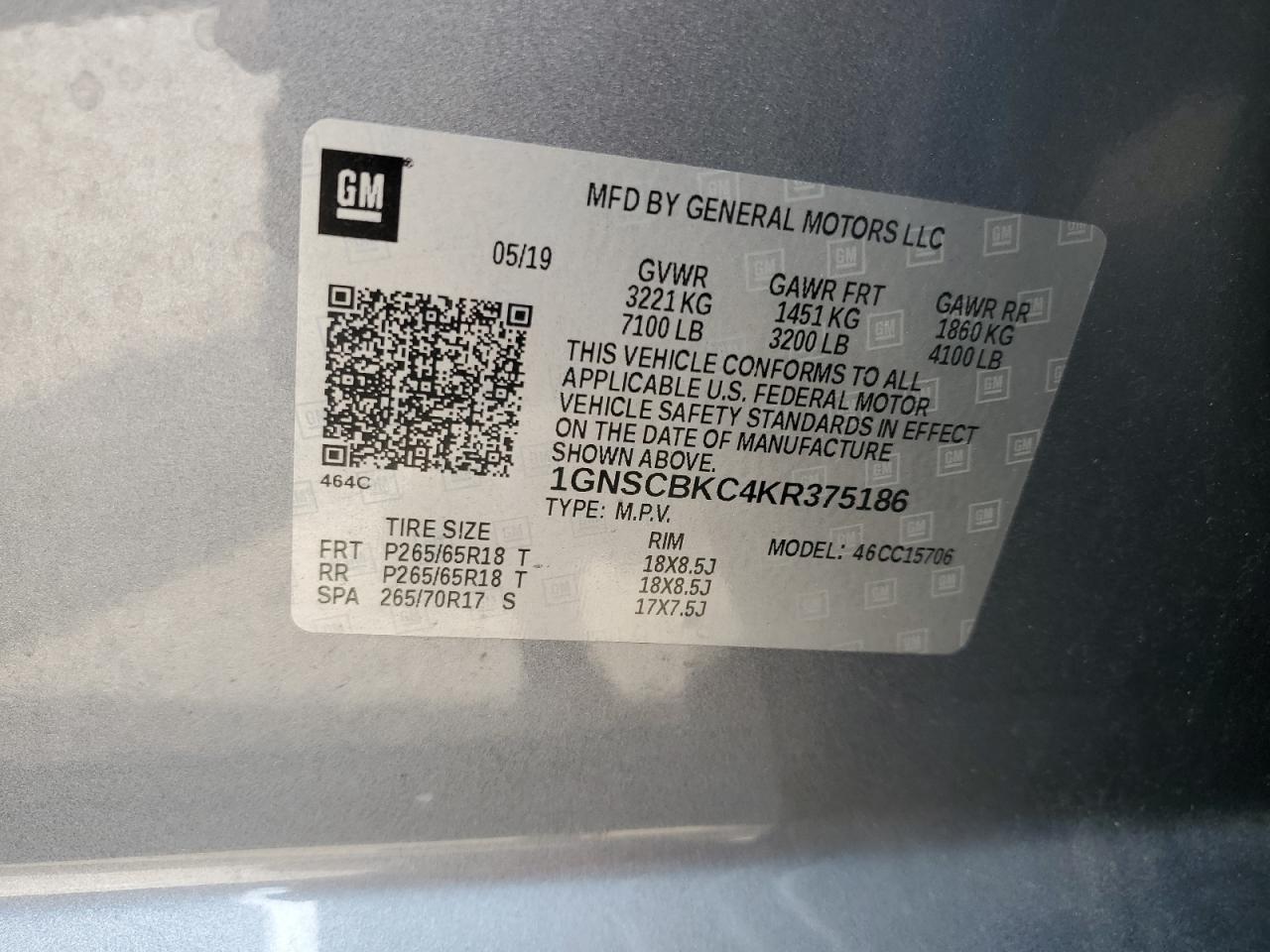 2019 Chevrolet Tahoe C1500 Lt VIN: 1GNSCBKC4KR375186 Lot: 59307824