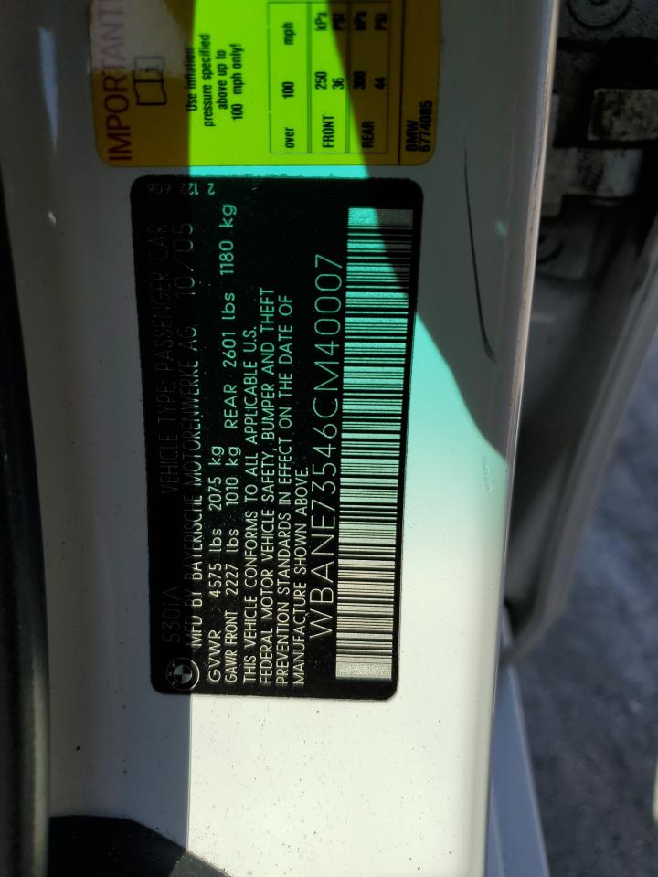 2006 BMW 530 I VIN: WBANE73546CM40007 Lot: 67458064