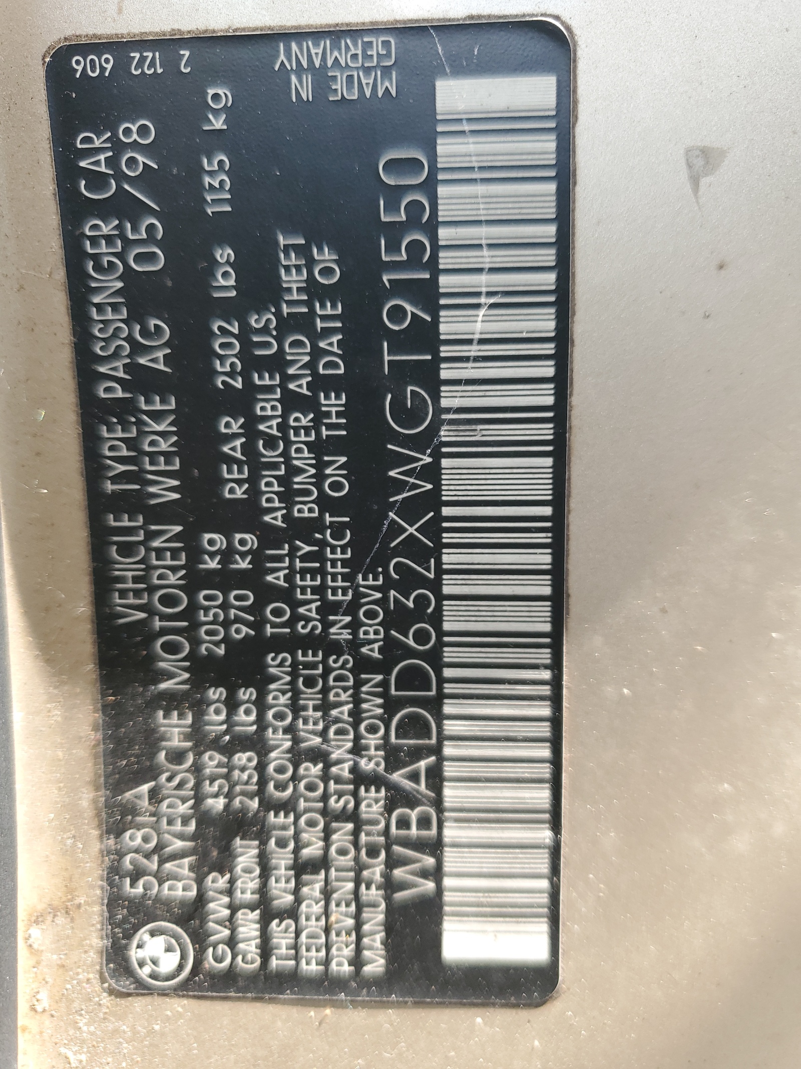 WBADD632XWGT91550 1998 BMW 528 I Automatic