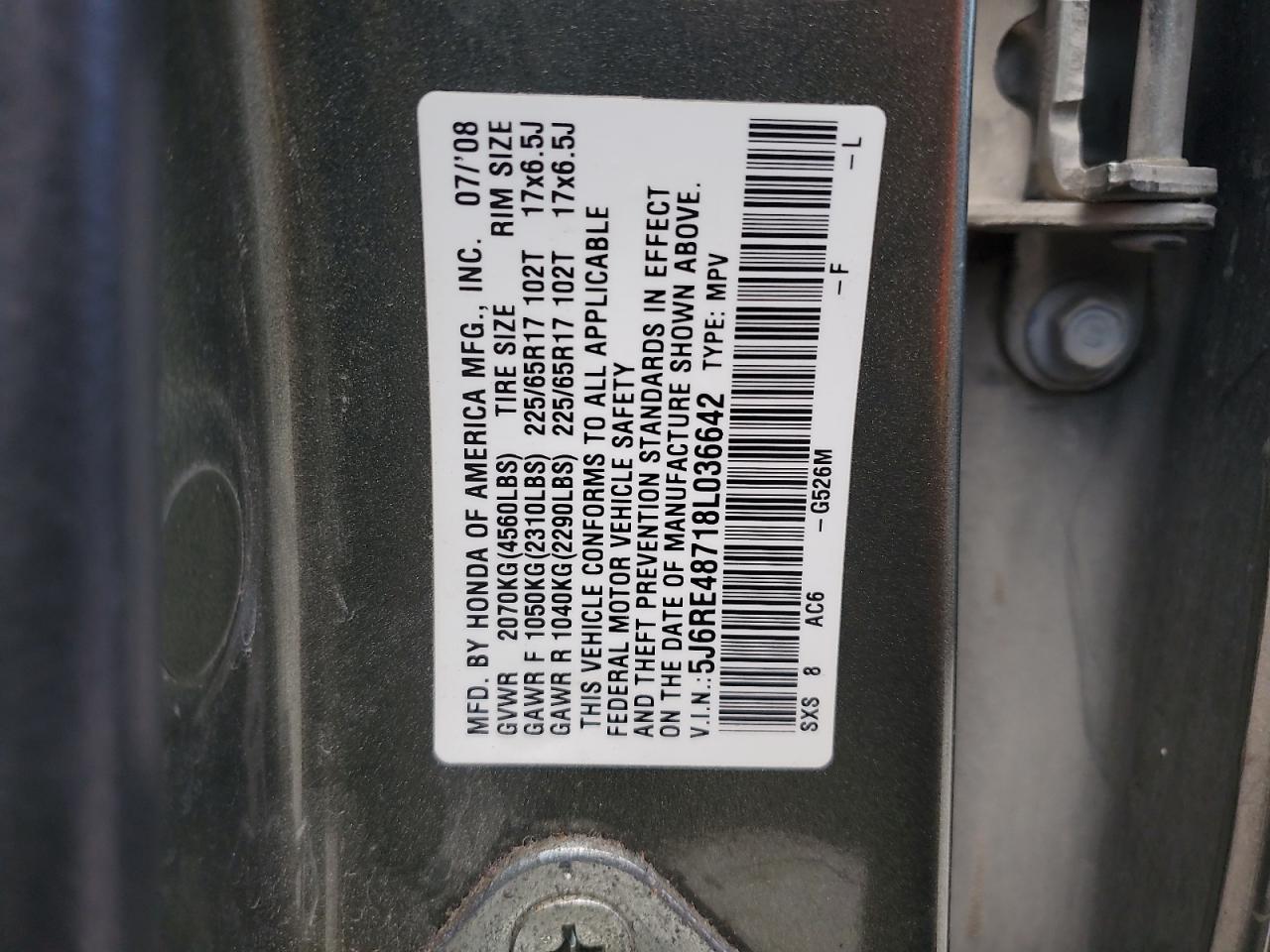 2008 Honda Cr-V Exl VIN: 5J6RE48718L036642 Lot: 67676604