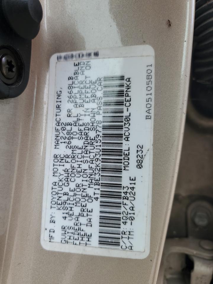 2003 Toyota Camry Le VIN: 4T1BE32K93U159778 Lot: 67194914