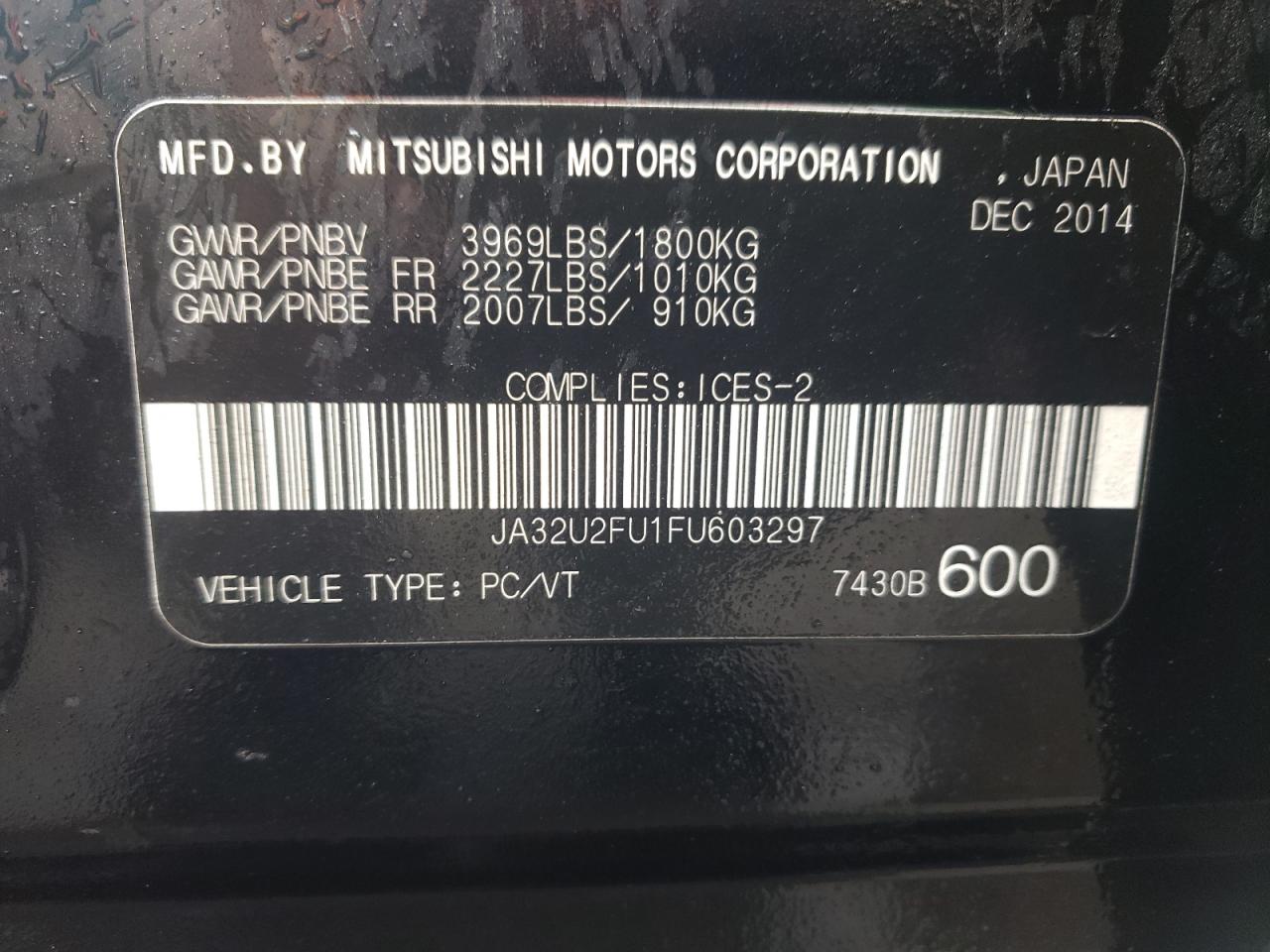 2015 Mitsubishi Lancer Es VIN: JA32U2FU1FU603297 Lot: 65892684