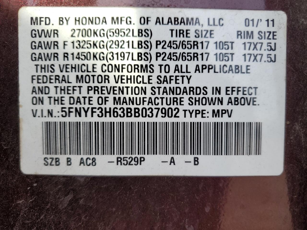 5FNYF3H63BB037902 2011 Honda Pilot Exl