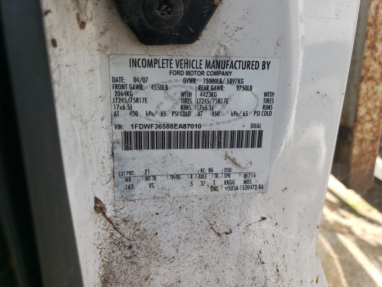 2008 Ford F350 Super Duty VIN: 1FDWF36588EA87010 Lot: 64307704