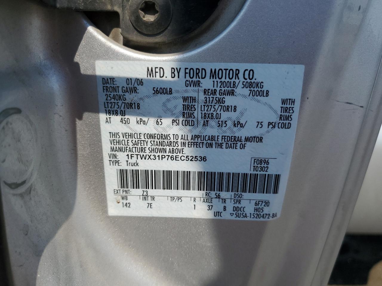 2006 Ford F350 Srw Super Duty VIN: 1FTWX31P76EC52536 Lot: 66183494