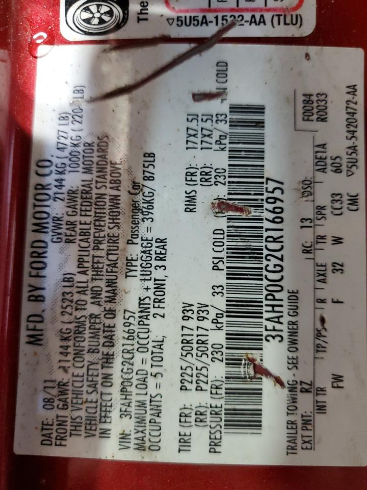 2012 Ford Fusion Sel VIN: 3FAHP0CG2CR166957 Lot: 66170694